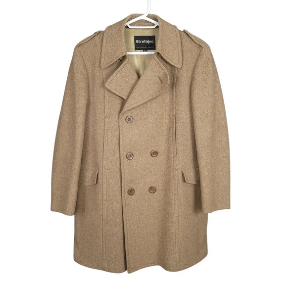 STRATOJAC Vintage Men's Coat 44 Brown Wool Double Breasted Overcoat Trench - Picture 1 of 16